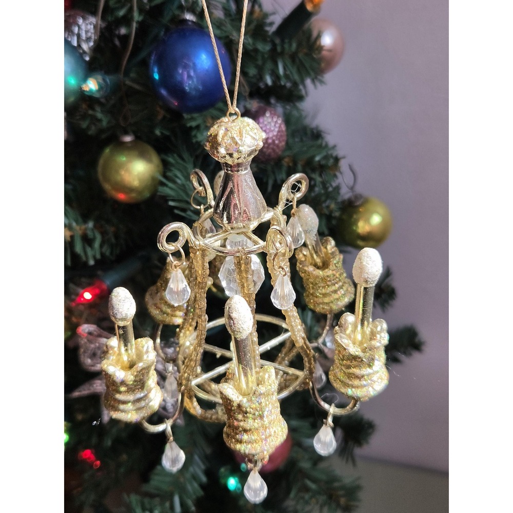 Gold Chandelier Christmas Ornaments Pair โ Beaded Crystal Drop Holiday Decor